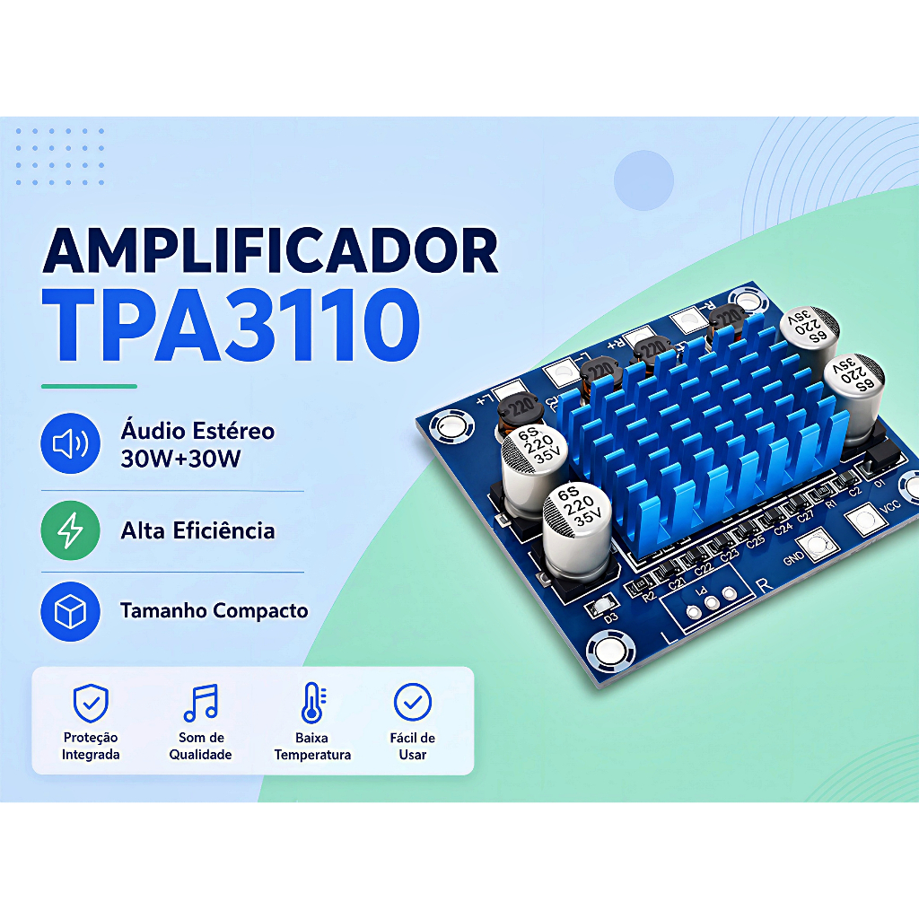 TPA3110 Amplificador de Áudio Estéreo 30W+30W 2 Canais DC 8-24V Áudio Digital Xh-A232