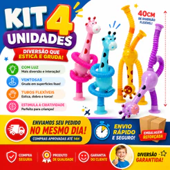 Kit 4 Girafas Sucção Pop Tube Luz Led com Ventosa Estica Brinquedo Infantil Anti Stress Dute Toy