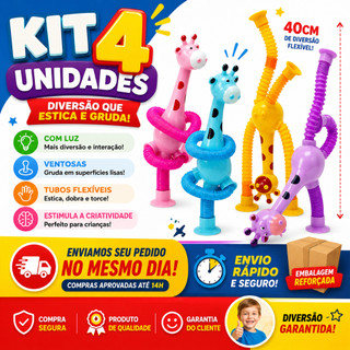 Kit 4 Girafas Sucção Pop Tube Luz Led com Ventosa Estica Brinquedo Infantil Anti Stress Dute Toy