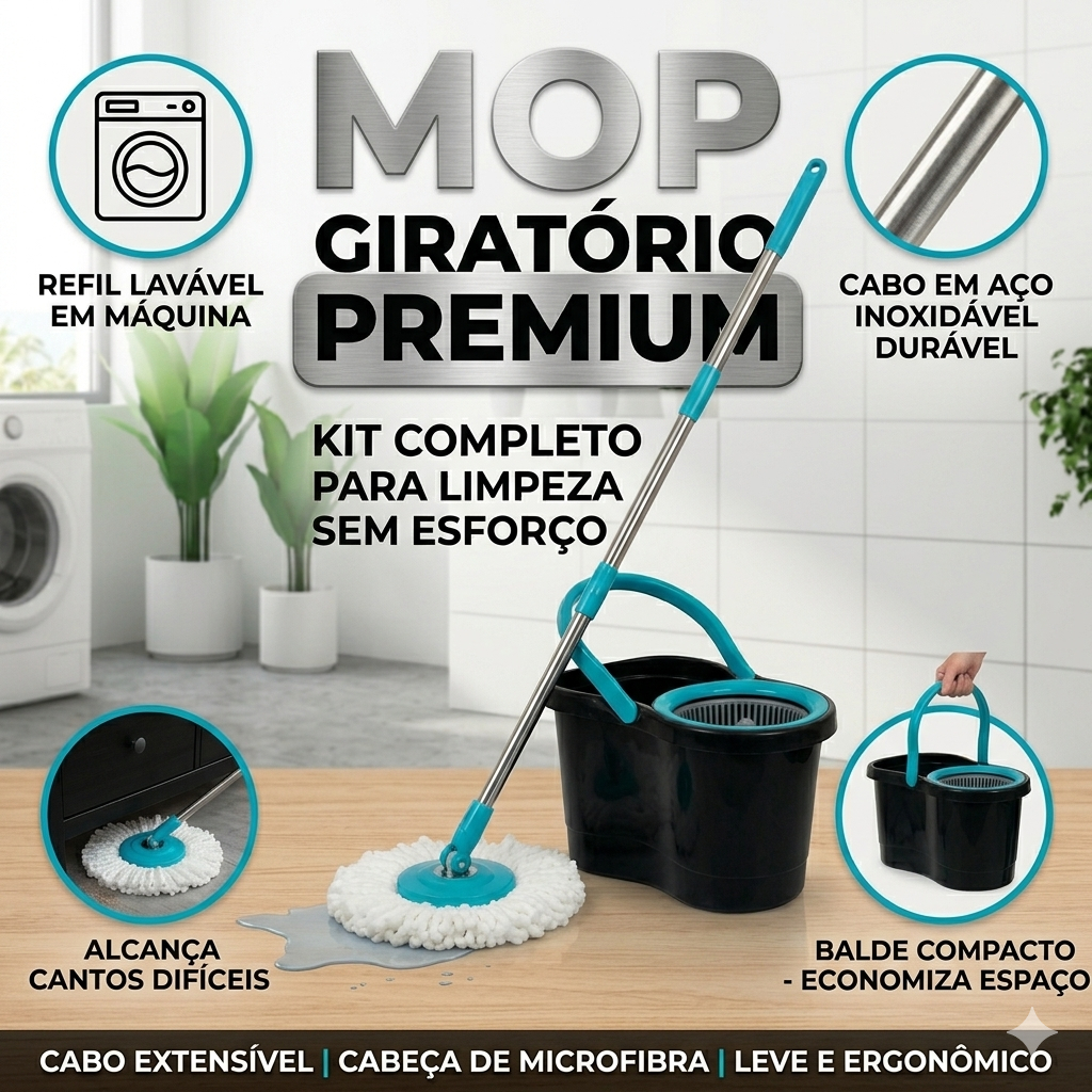 Mop Giratório 360º Limpeza Prática Balde 8,7 Litros Cabo Retrátil Ajustável Inox + Refil Microfibra