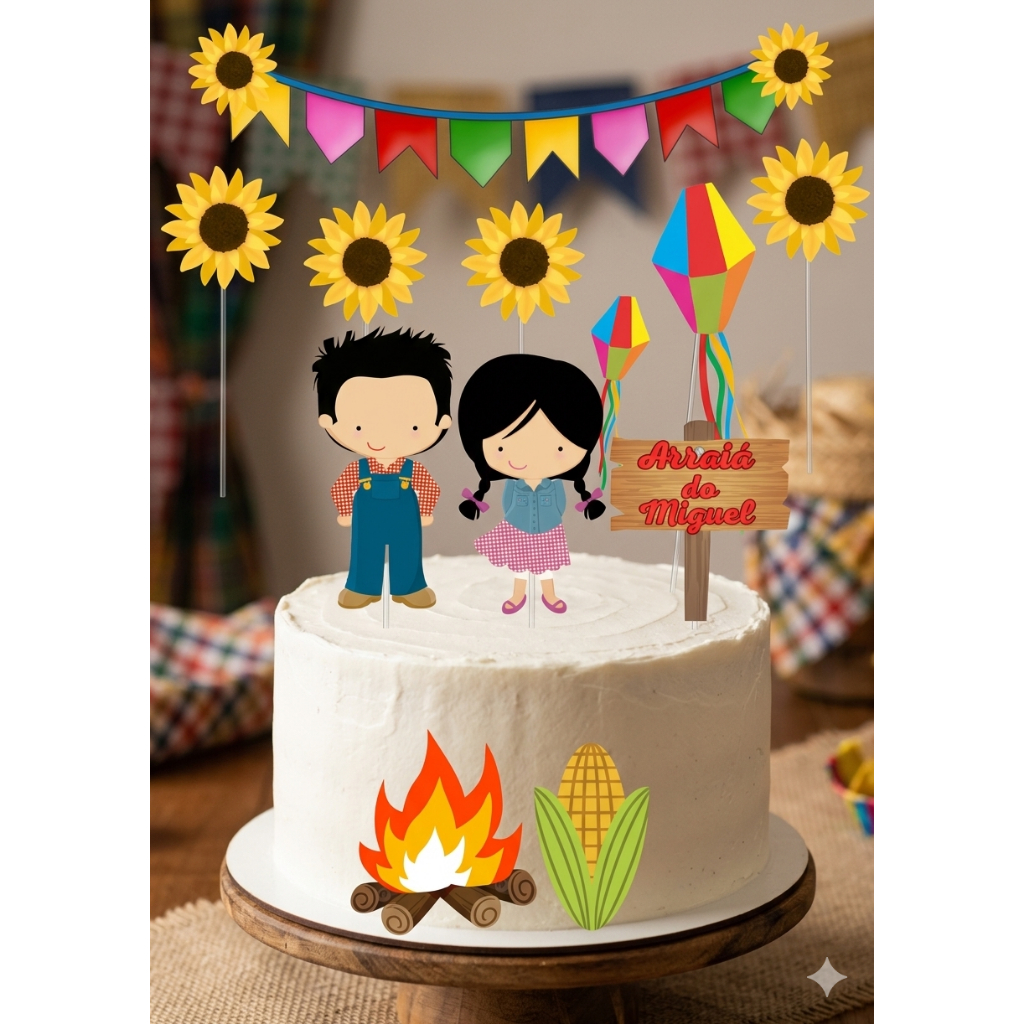 Topo/topper de bolo festa junina personalizado com nome e idade. Arraia enfeite de bolo