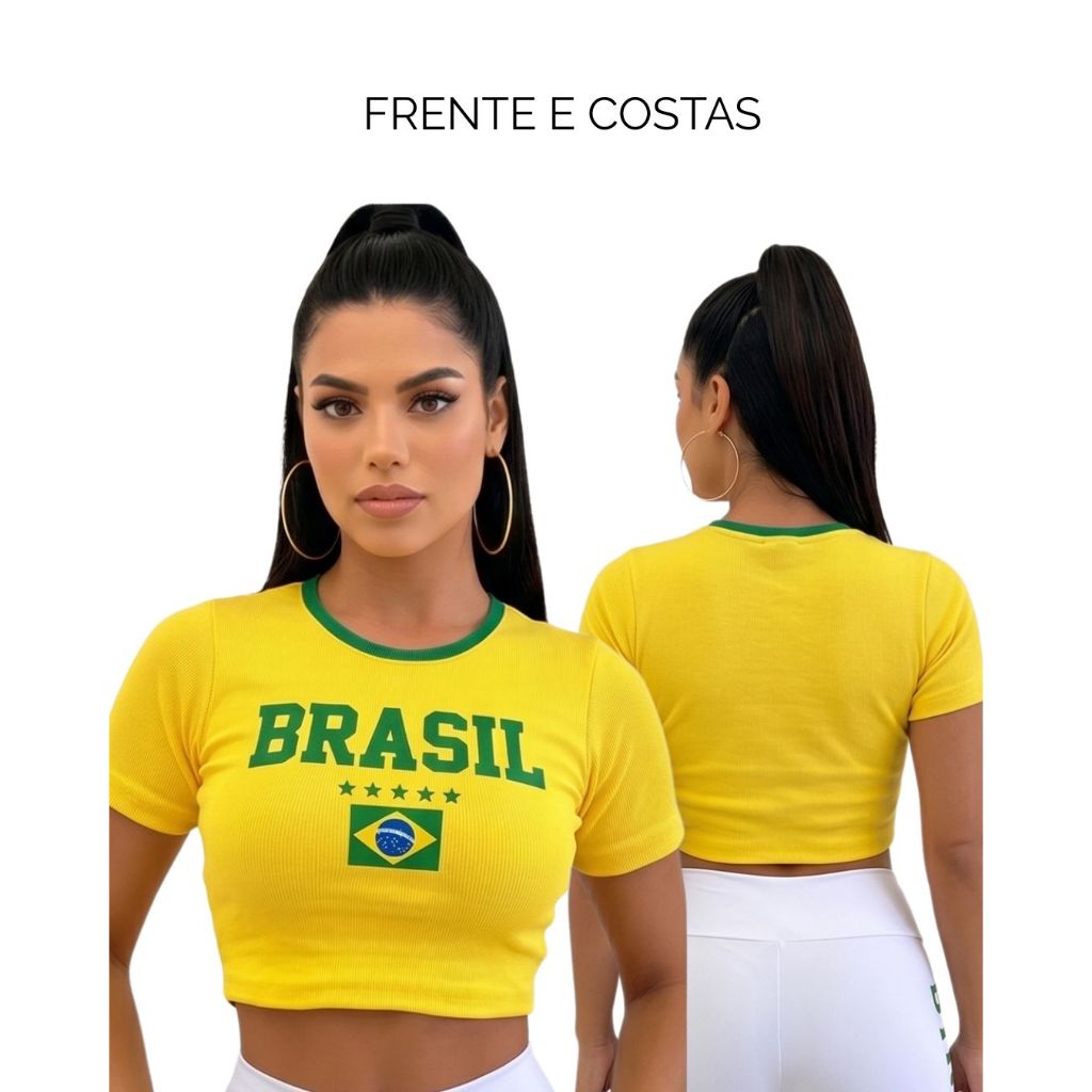Cropped Feminino Brasil Baby Look Canelado Manga Curta Estampa Brasil Moda Copa