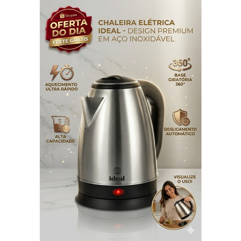 Chaleira Elétrica Inox 1.8 Litros Premium Desligamento Automático Aquecimento Rápido e Segurança