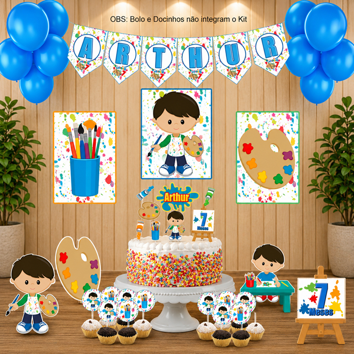 Kit festa em casa personalizado 17 itens + 1 topo de bolo + bandeirolas Pintando o sete menino