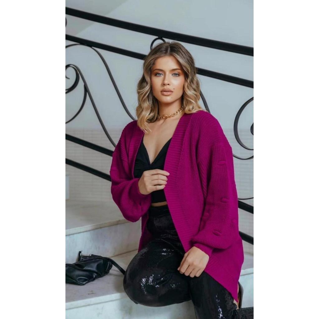 Casaco Feminino Tricot Cardigan Aberto Manga Pipoca Elegante Quentinho Inverno Moda Casual