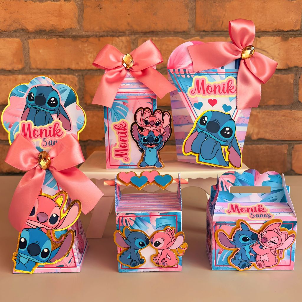 Kit Festa Stitch Rosa Personalizado | Caixas Stitch e Angel | Lembrancinhas Aniversário Infantil