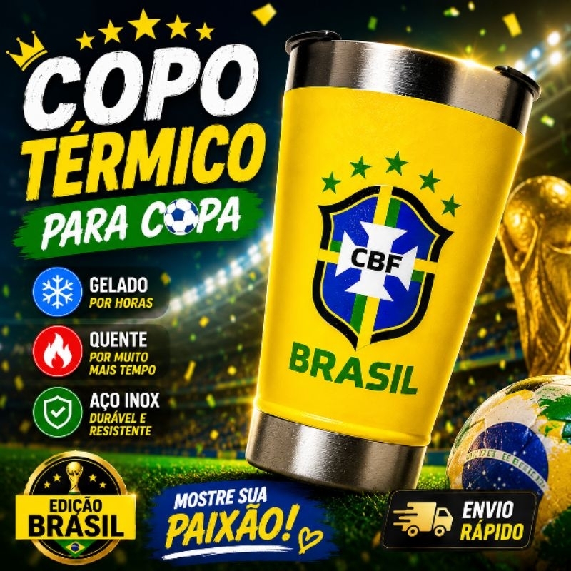 Copo Térmico Amarelo Inox 473ml Brasil Personalizado  | Mantém Gelado e Quente | Com Tampa e Abridor