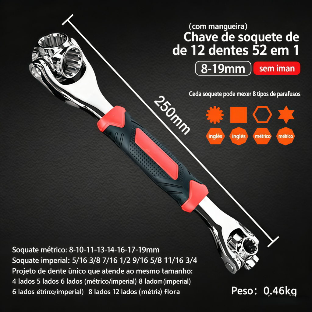 Spanner Definitiva para Tudo - Soquete 8 em1 com Rotação Livre, Ideal para Casa, Carro e Oficina, Compacta e Completa F3