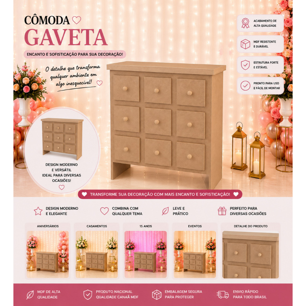 Comoda em mdf cru lateral dobrável painel decoração festa infantil locação pegue monte