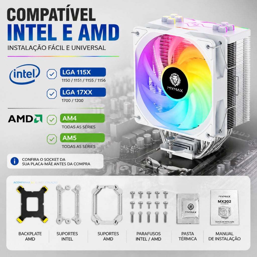 Air Cooler Mymax ARGB LED Universal 120mm Branco Para processadores Intel e AMD