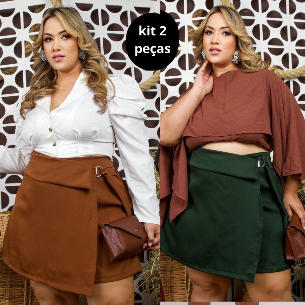 KIT 2 Short Saia Plus Size Em Alfaiataria Premium Cintura Alta Saia Envelope na Frente