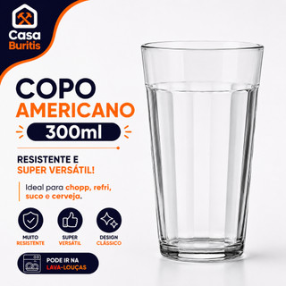 Copo Americano Vidro Copo De Vidro 300ml Copo Americano Long Drink Grande 300ml kit 2/4/6/8 Unid