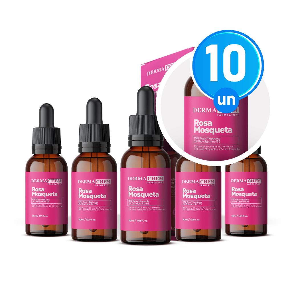 Kit 10 Sérum Facial Rosa Mosqueta 30ml Hidratação Renovação e Clareamento da Pele Dermachem