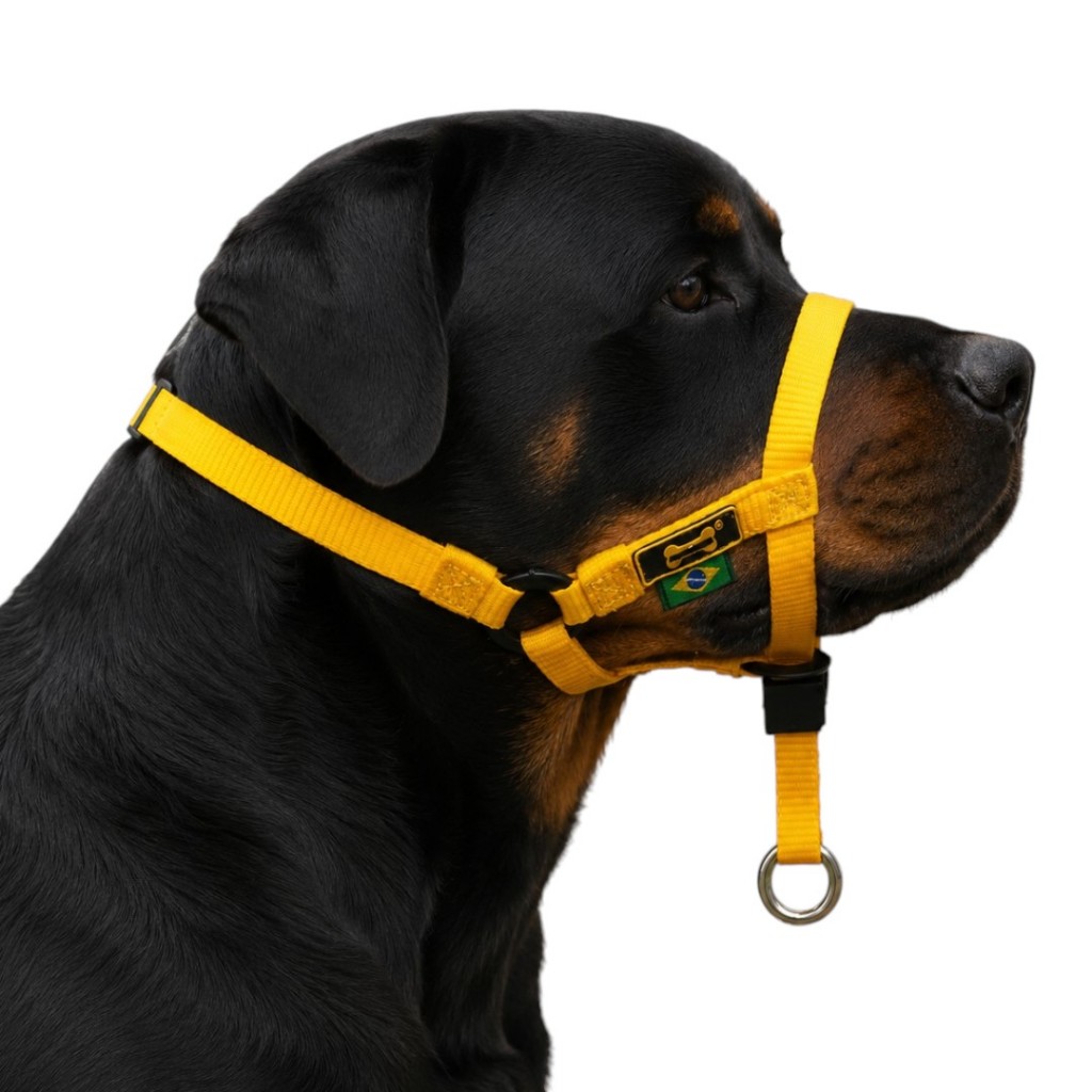Halti Treino Coleira Amarelo Cachorro Grande Medio Porte Dogo Argentino Pastor Alemão Pitbull Dogue
