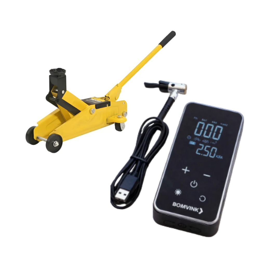 Kit de Socorro para Estrada Completo com Macaco Hidráulico e Compressor Digital Portátil