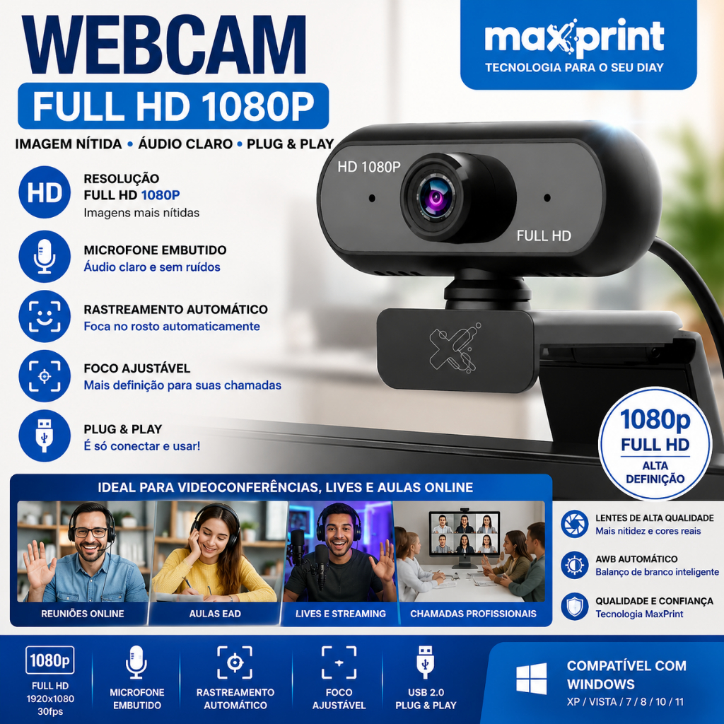 Webcam MaxPrint Full HD 1080p com Microfone USB para Notebook PC Lives Reuniões e Aulas