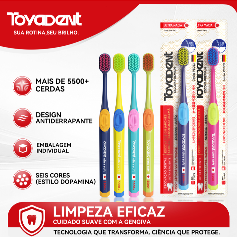 ToyaDent Escova de dente Ultra-Macia Adultos / Cerdas Densas / 6 Cores/ Ergonomia de 19 cm