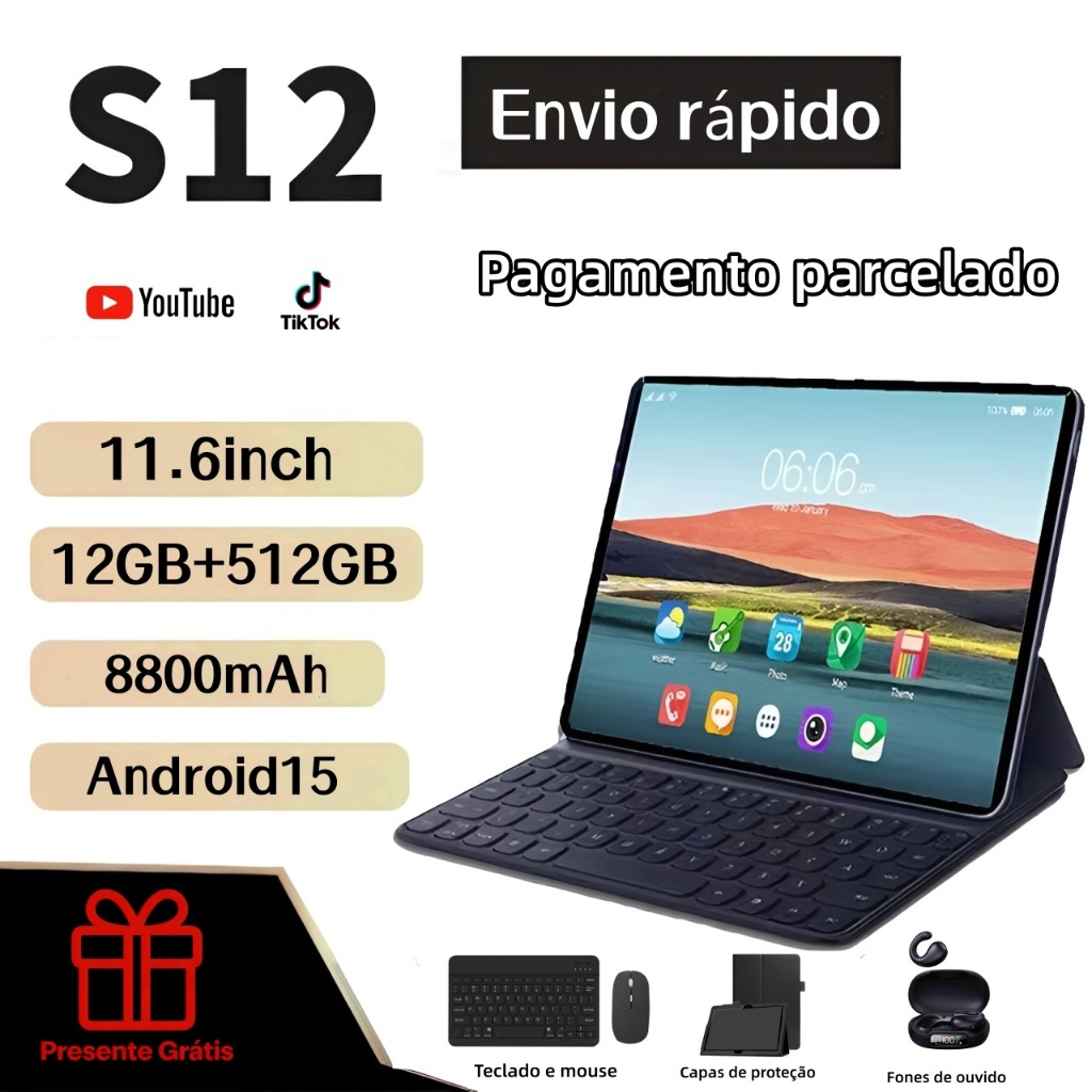 【Teclado e mouse grátis】Tablet  S12 Max 8800 mAh, 11,6 polegadas, 12 GB + 512 GB, dual SIM, 5G e Wi-Fi, parcelamen