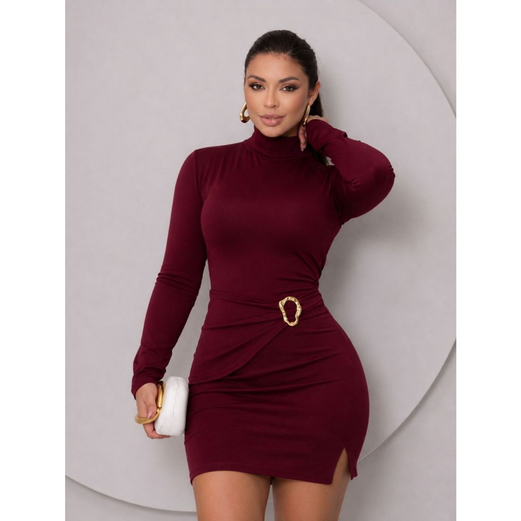 Vestido curto feminino fenda frontal manga longa gola alta fivela luxo acinturado inverno