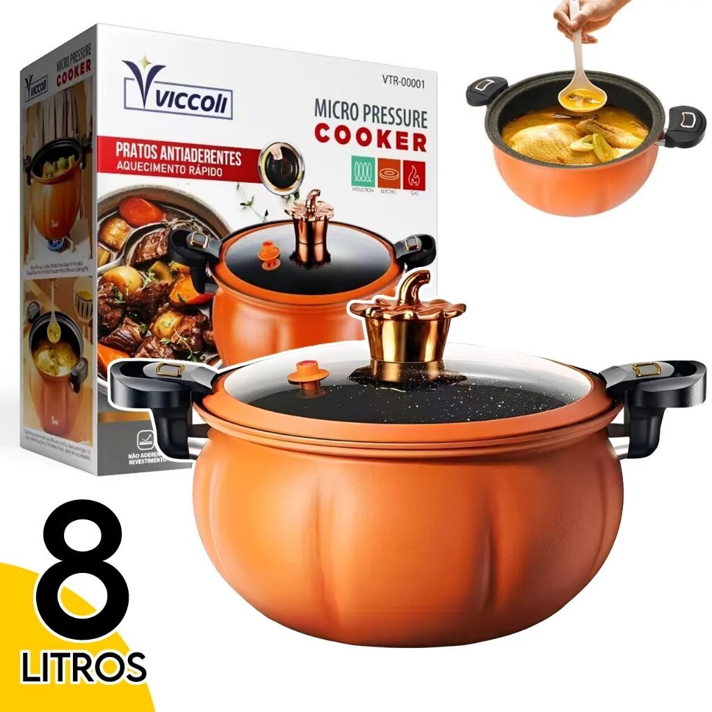 Panela de Micro Pressão Viccoli 8L Antiaderente Cozinha Indução e Gás Abóbora