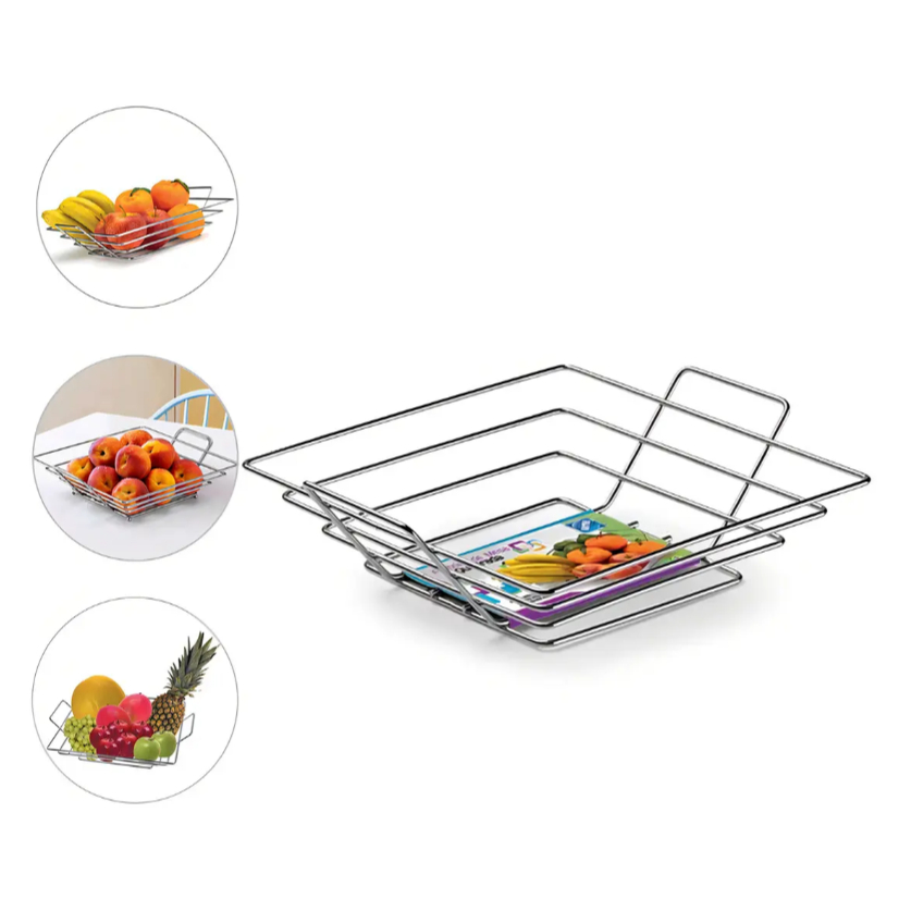 Fruteira Cesto De Mesa Para Cozinha Em Aço Quadrada Arthi