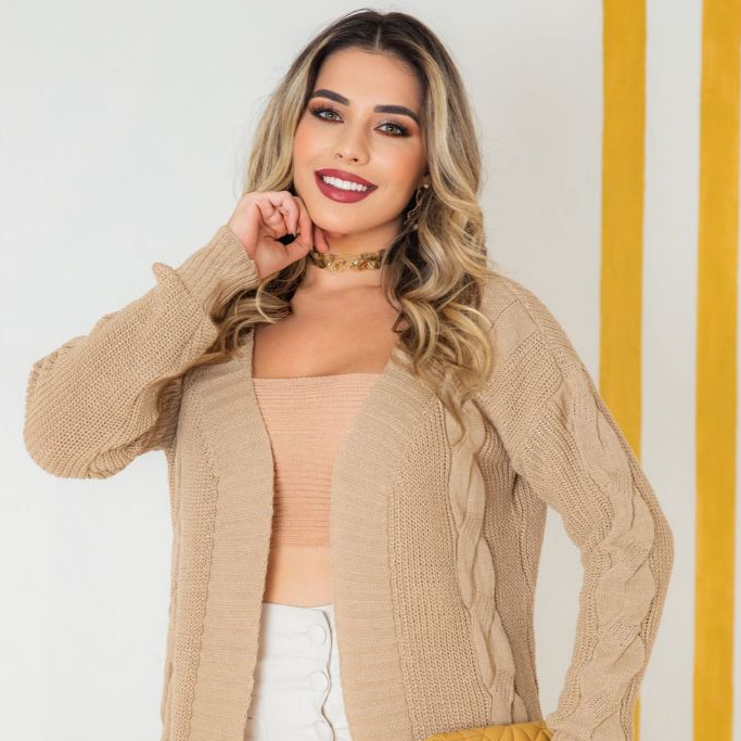 Casaco Inverno de Malha Tricot Tranças Kimono Manga Longa Cardigan Tricô Grosso Estiloso Elegante