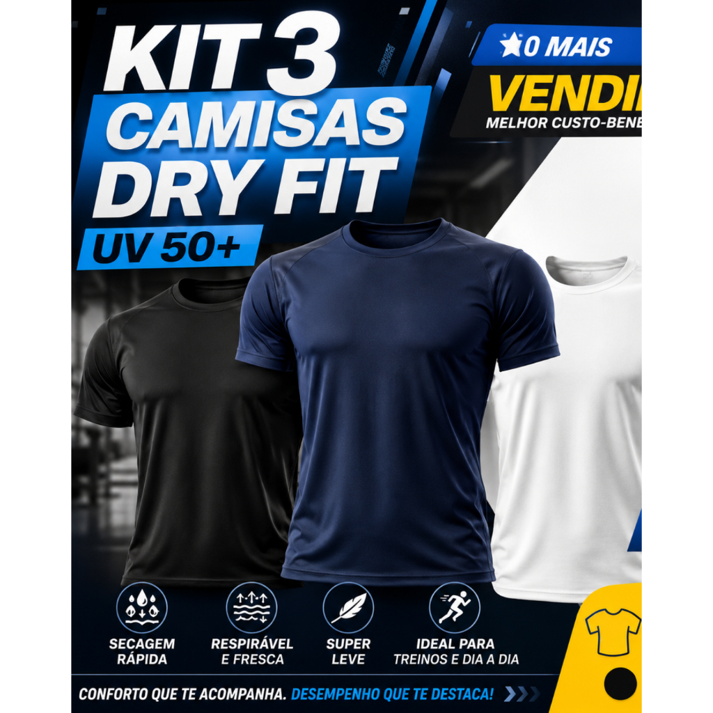 Kit 3 Camisas Dry Fit UV 50+ Unissex | Leve Respirável Secagem Rápida Academia Corrida