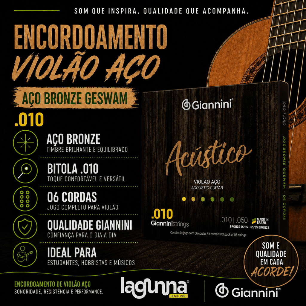 Encordoamento De Violão Aço Bronze 010 Giannini Acústico 85/15 Jogo Com 6 Cordas