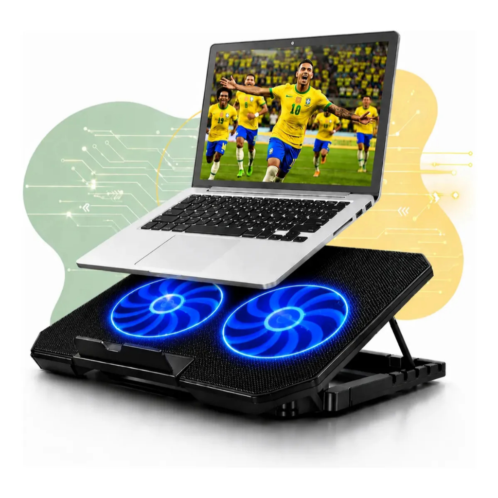 Suporte Notebook Base Refrigerada Ventilação Led Azul Ajustável 2 Cooler Ventoinha Até 17 Polegadas