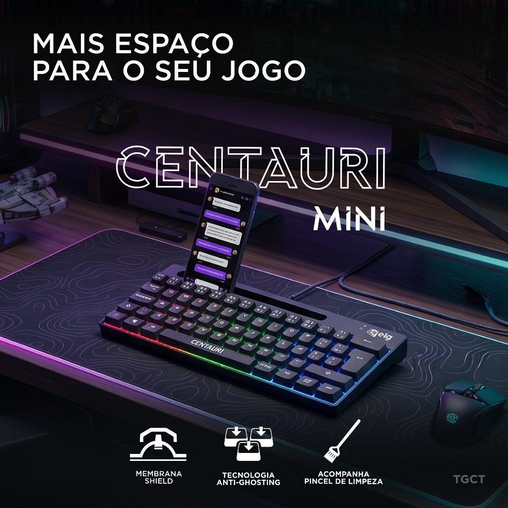 Teclado em Membrana Gamer Centauri, ELG, TGCT, 60%, ABNT, 67 Teclas, Anti-Ghosting, RGB, USB, Preto · foto 2
