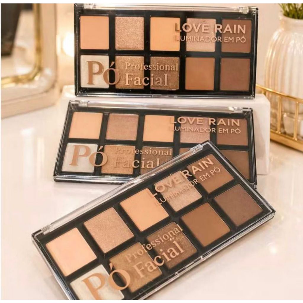 Paleta De Pó Facial  com10 cores Profissional Makeup LR-91107 LOVÉ RAIN Iluminador Em Pó