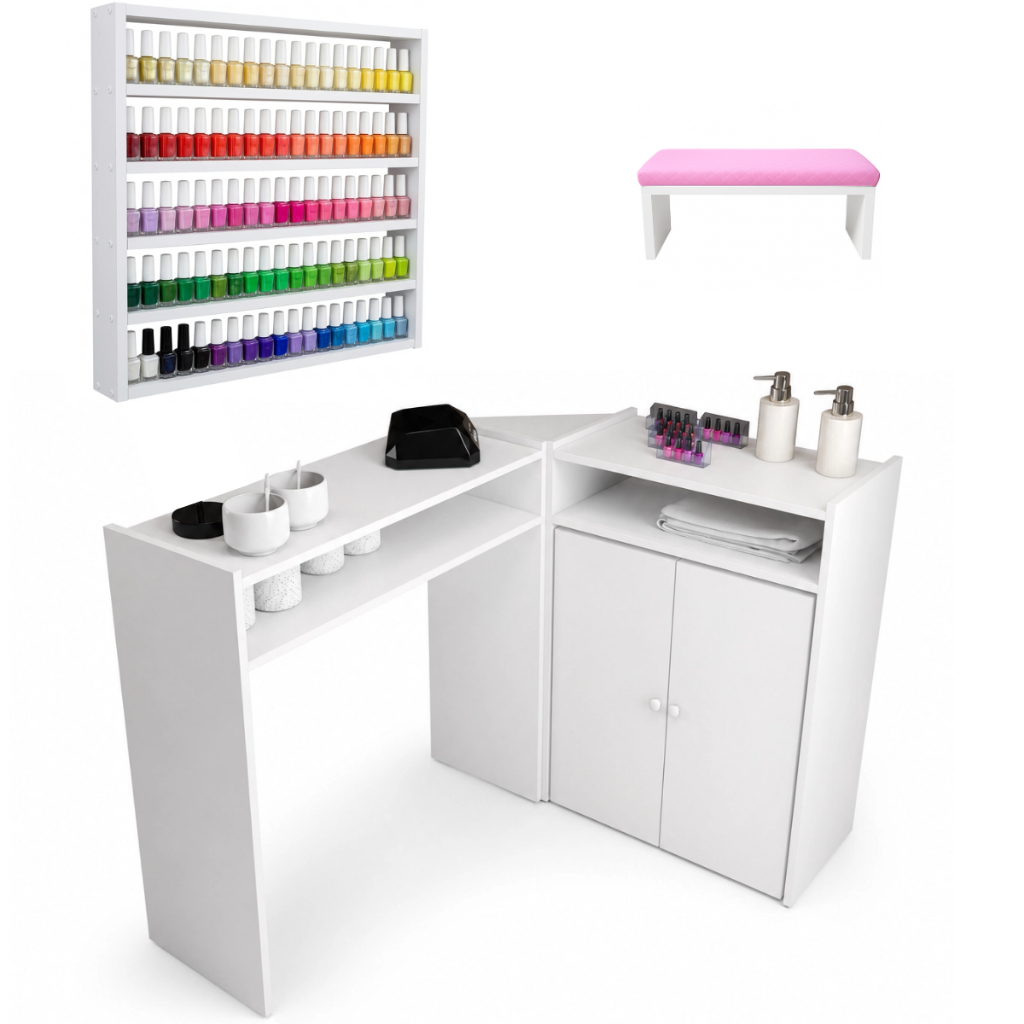 Mesa Manicure Em L Mesinha Escrivaninha Decoração Salão + Esmalteira Grande MDF + Apoio Para Mãos