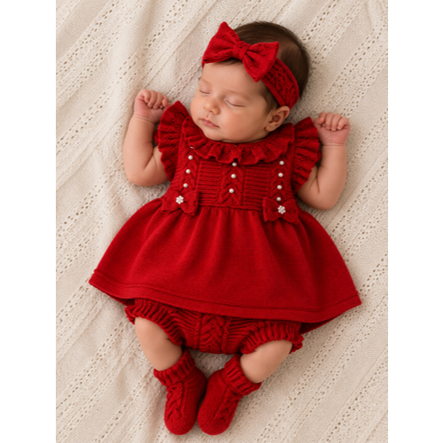 Vestido/calçinha tricot Rn Detalhes Perolas/Babados/Laço feminino conjunto Curto tricô recem nascido