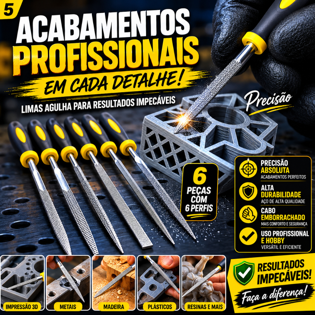 Jogo De Lima Agulha 6 Peças Com Cabo Emborrachado 3D Jogo Lima Agulha 6 Peças Cabo Emborrachado Impressão 3D Kit Lima