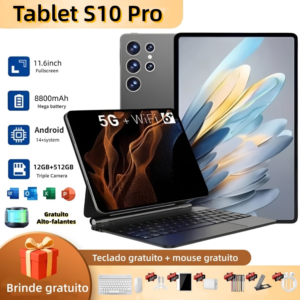 【Teclado, mouse e alto-falantes gratuitos】Tablet  S10 Pro com 12 GB de memória RAM + 512 GB de armazenamento, tela
