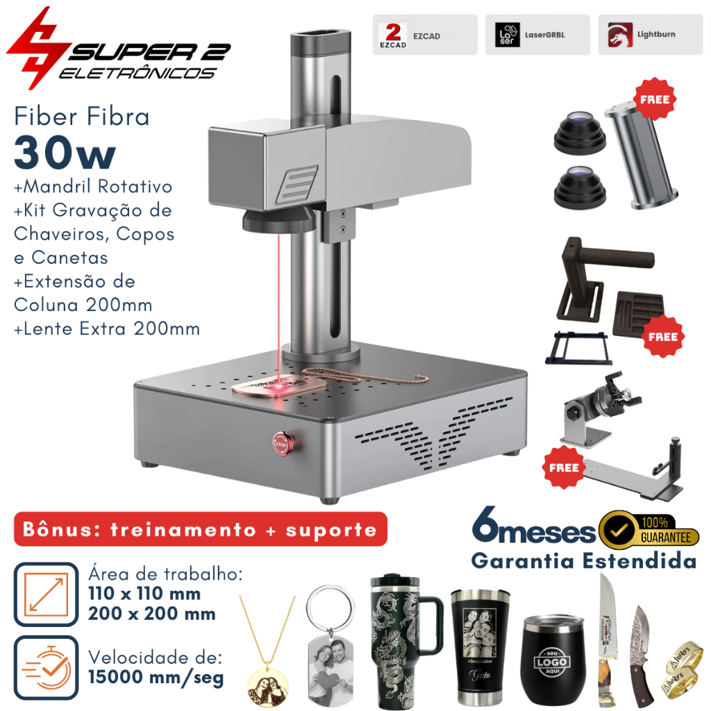 Máquina de Gravação a Laser Fiber Fibra Maxx 30W + Mandril Rotativo + Suporte e Treinamento