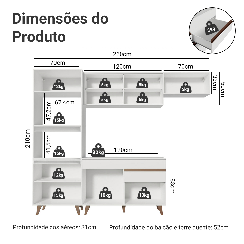 Armário de Cozinha Completa com Balcão e Tampo Branco Madesa Reims 260001