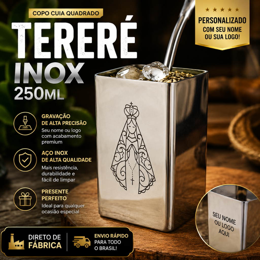 Copo Tereré Inox Quadrado 250ml Personalizado com Nome ou Logo Presente Premium