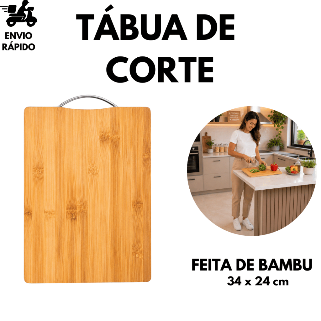 Tábua De Corte De Bambu Ecológica Com Alça Clink 34x24cm Para Carnes e Legumes Churrascos