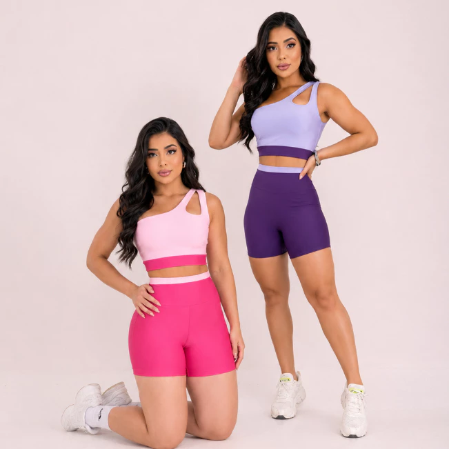 Conjunto Fitness Feminino Bicolor Short Suplex Cintura Alta Não Transparente Academia Fitness Treino — imagem 1