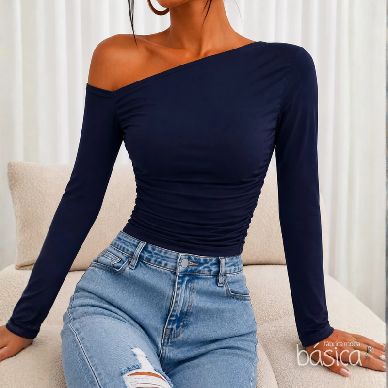 Blusa Feminina Suplex com Manga Longa Comprida Assimétrica Drapeada Verão Elegante Casual Premium