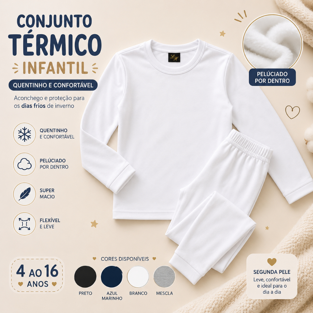 Conjunto Térmico Infantil Peluciado Segunda Pele Quentinho Inverno 4 ao 16 Unissex