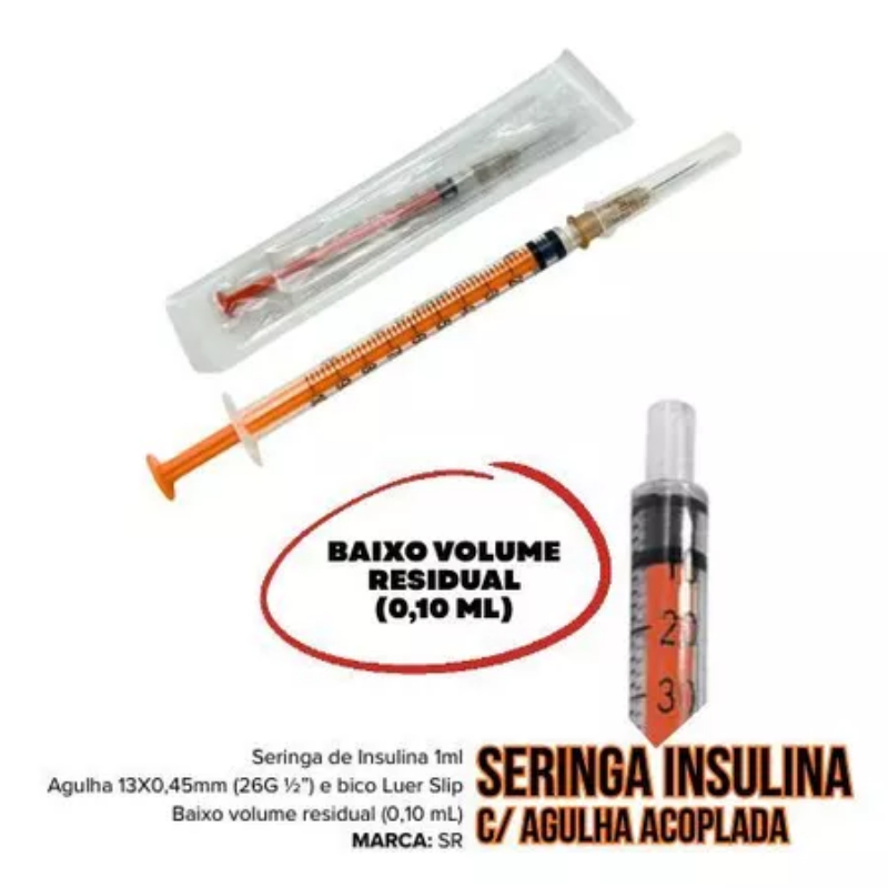 Kit seringas 1ml p/insulina c/agulha 13x0,45mm Slip - SR - 10, 20, 50, 100 UNIDADES BLISTER