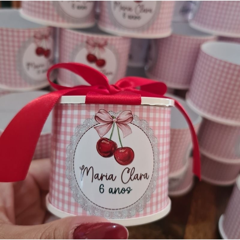 kit Mini Tubolata Personalizada 5x6 Cerejinha Cereja Festa Aniversário Lembrancinha Latinha Mimo Maternidade Chá de bebê