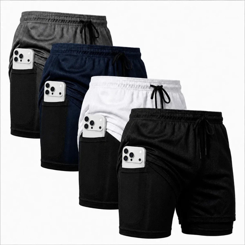 Kit 4 Bermudas 2 Em 1 Masculino Corrida Academia Treino Alta qualidade Com Bolso Antifurto