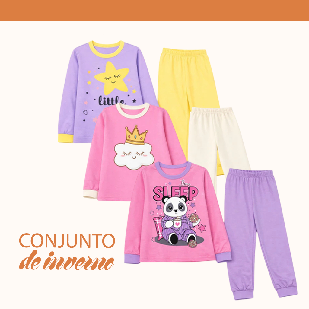 Pijama Feminino Infantil Comprido 100% Algodão Inverno Confortável Macio