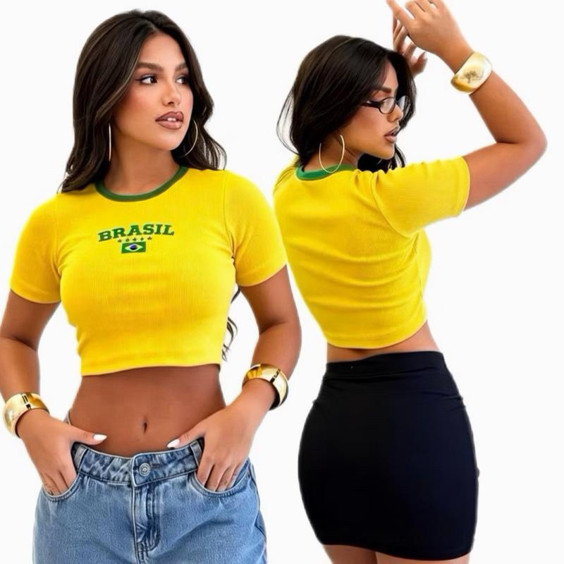 Blusa Feminina Modelo Cropped Brasil Ribana Canelada Estilosa Com Manga