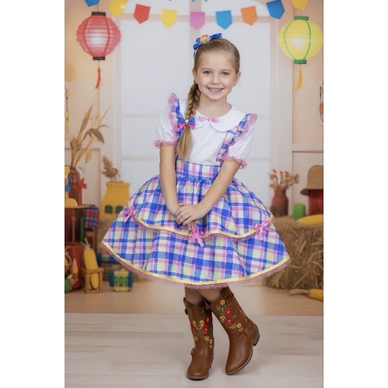 Conjunto Infantil Festa Junina Menina Camisa E Salopete Xadrez Rosa E Azul Roupa Caipira São João Arraiá Luxo
