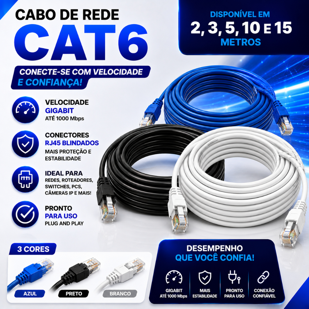 Cabo de Rede Cat6 Com Conector Blindado Alta Velocidade 2 a 15 Metros até 1000Mbps