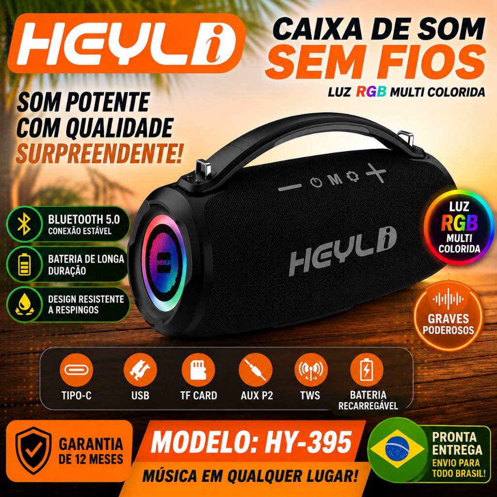 Caixa de Som Bluetooth HY-395 RGB Portátil 40W (20W*2) | TWS | IPX5 | USB-C | Bateria 4500mAh